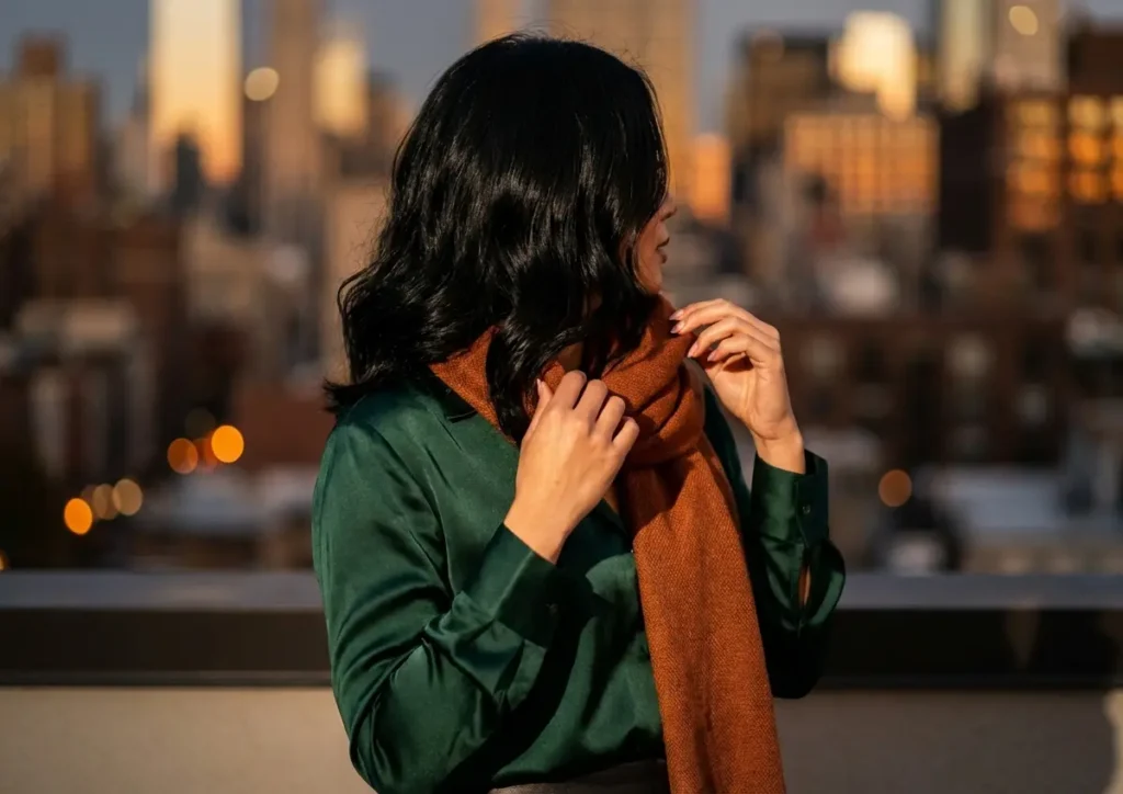 Para quem combina cabelo preto: nuance que evita apagar a pele e cores que realçam Meio-corpo de pessoa com cabelo preto, vista de costas em telhado urbano ao pôr do sol, roupa em tons joia e textura visível
