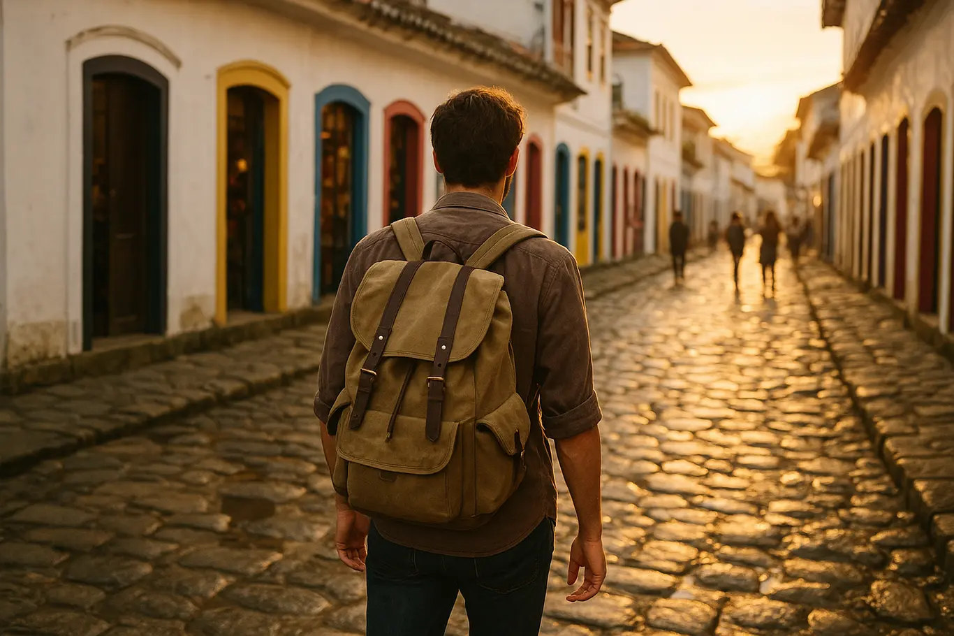 Viajante de costas caminhando por rua de pedra no centro histórico de Paraty