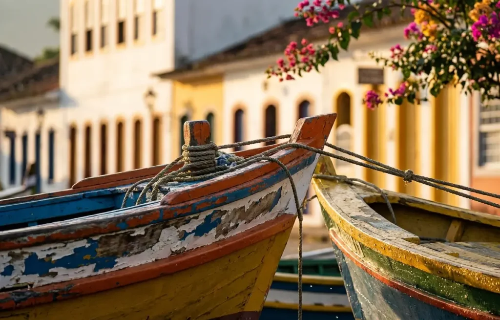 Barco caiçara colorido no cais de Paraty ao amanhecer