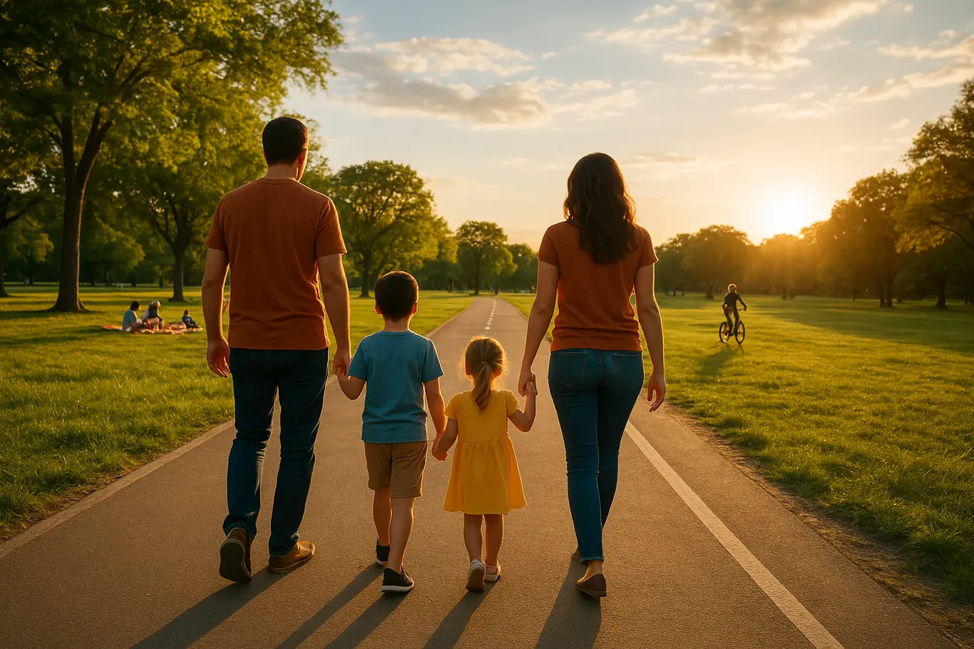 Família caminhando de costas na ciclovia do Parque da Cidade