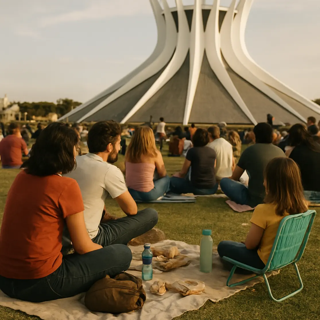 Público sentado em manta assistindo apresentação gratuita próxima à Catedral de Brasília