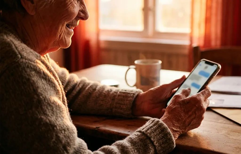 Pessoa idosa em 3/4 usando smartphone à mesa com documentos, luz quente