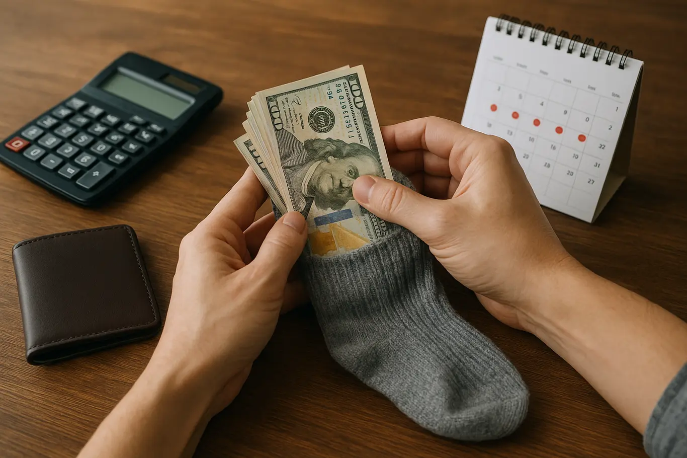 Mãos colocando dinheiro dentro de uma meia sobre mesa com calculadora e calendário marcado