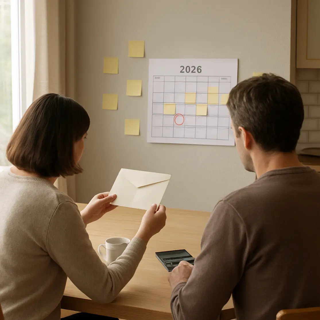 Duas pessoas de costas à mesa consultando envelope e calendário de parede marcados com post-its