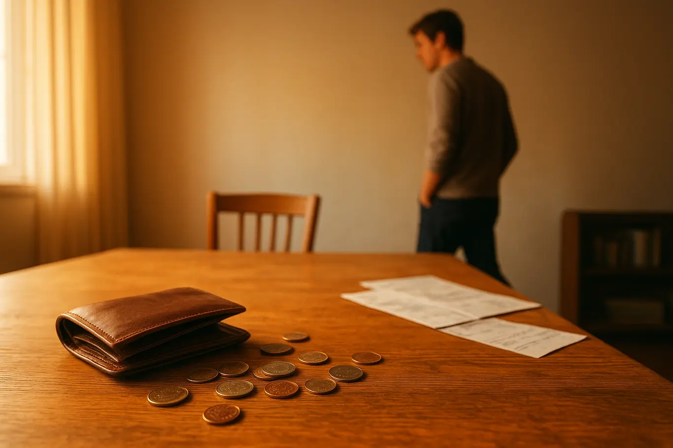 Mesa com meia e moedas em primeiro plano, pessoa se afastando ao fundo
