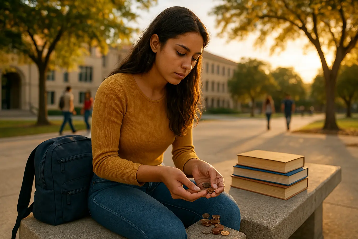 Futura professora sentada no campus contando moedas ao lado de livros e mochila