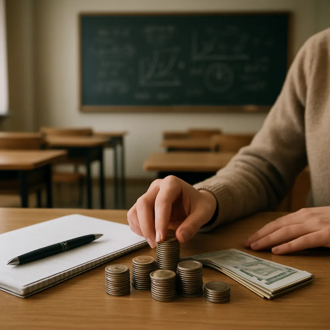 Mãos organizando moedas e notas sobre mesa de sala de aula com caderno aberto