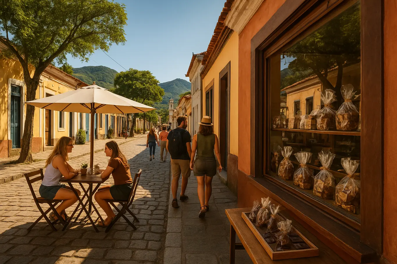 Praça com café ao ar livre e vitrine de chocolate em Penedo, visto de ângulo lateral