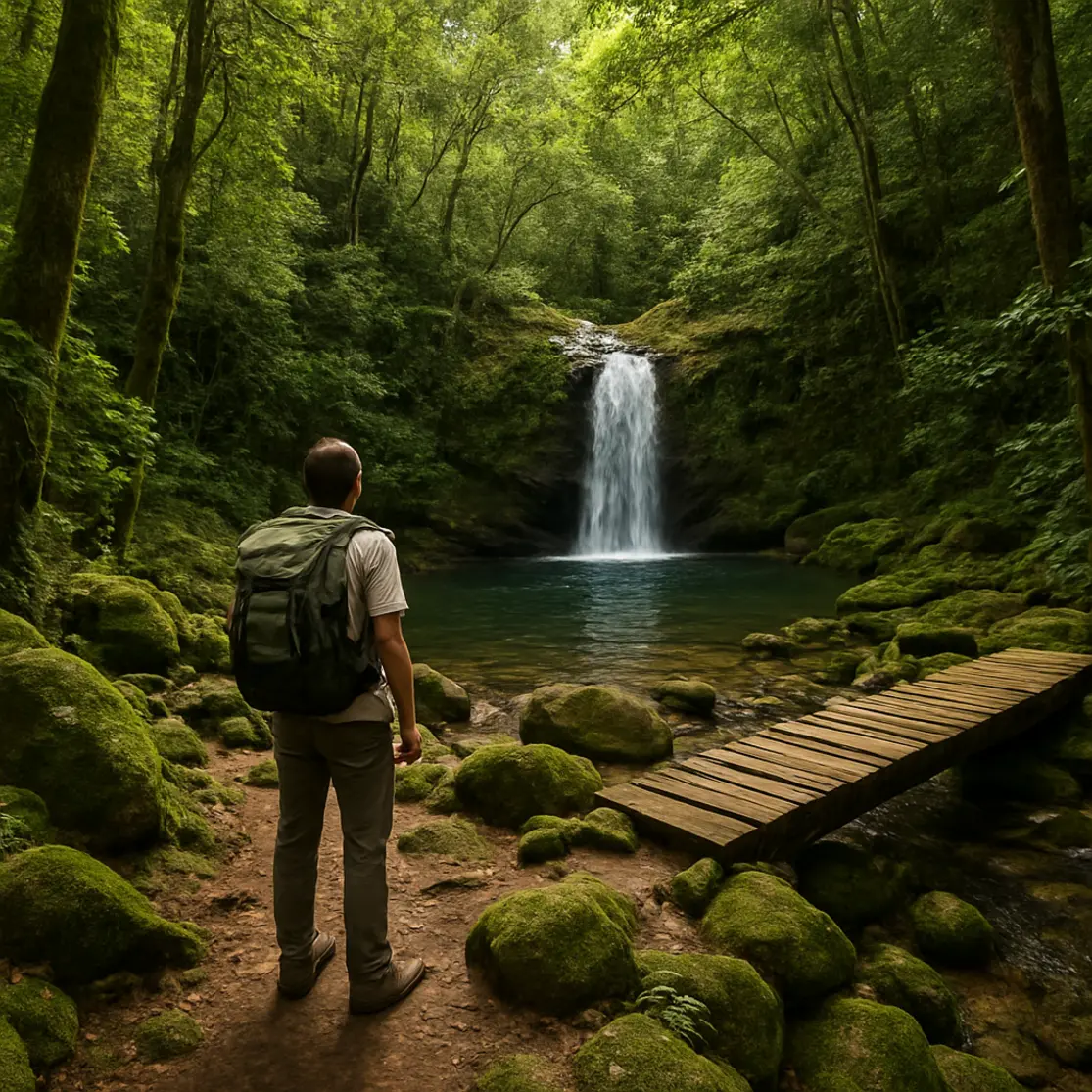 Trilha e pequena cachoeira na mata atlântica nos arredores de Penedo