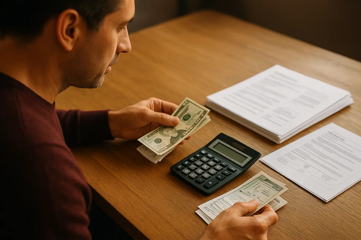 Mãos contando documentos e notas sobre mesa com calculadora, vista em perfil oblíqua.
