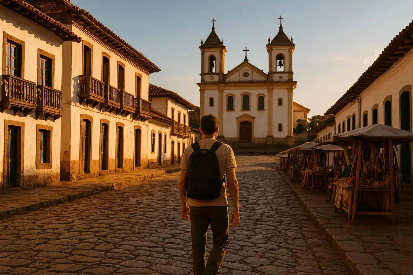 Rua principal de Pirenópolis com casarões coloniais e viajante caminhando