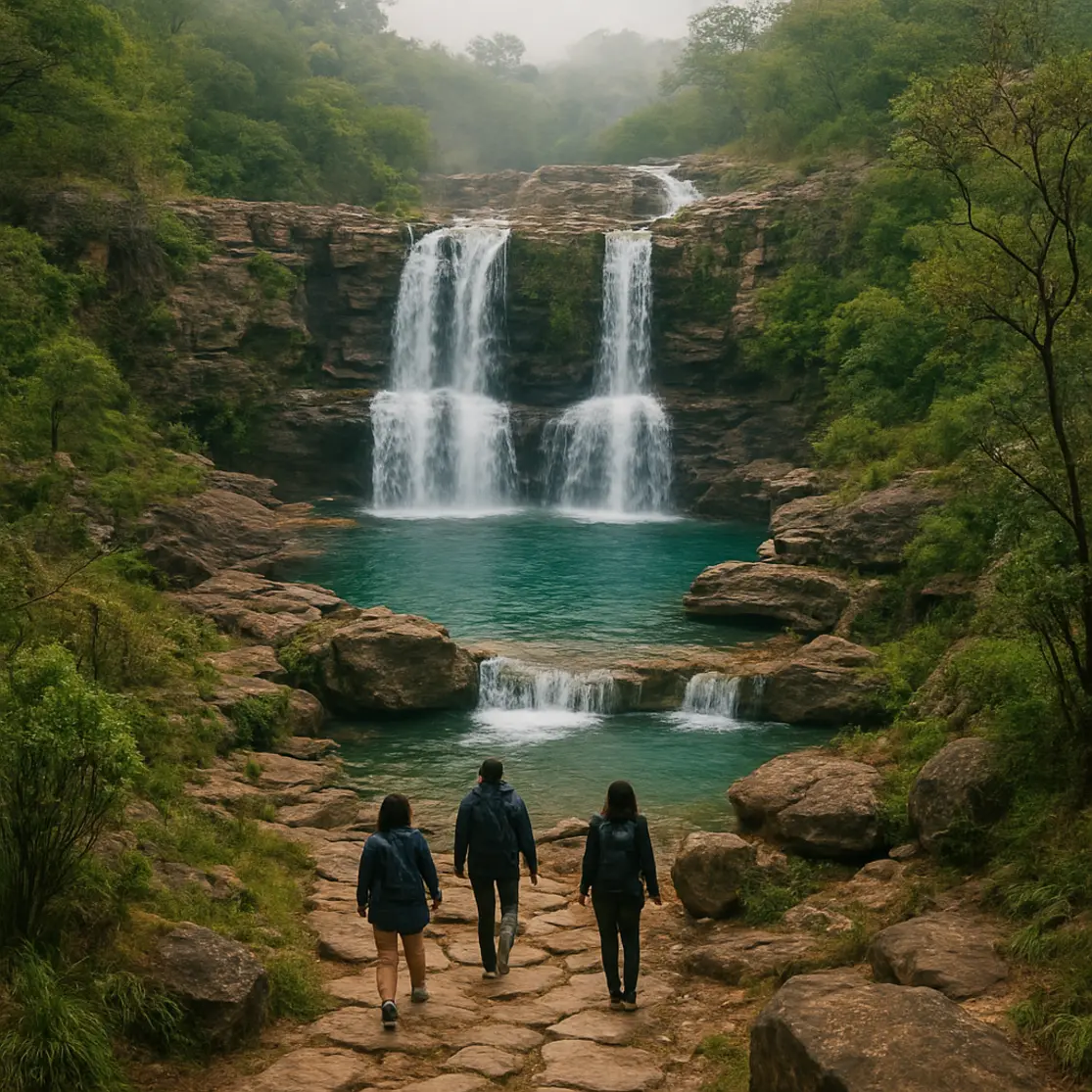Cachoeira com poço esmeralda e trilha cercada pelo cerrado
