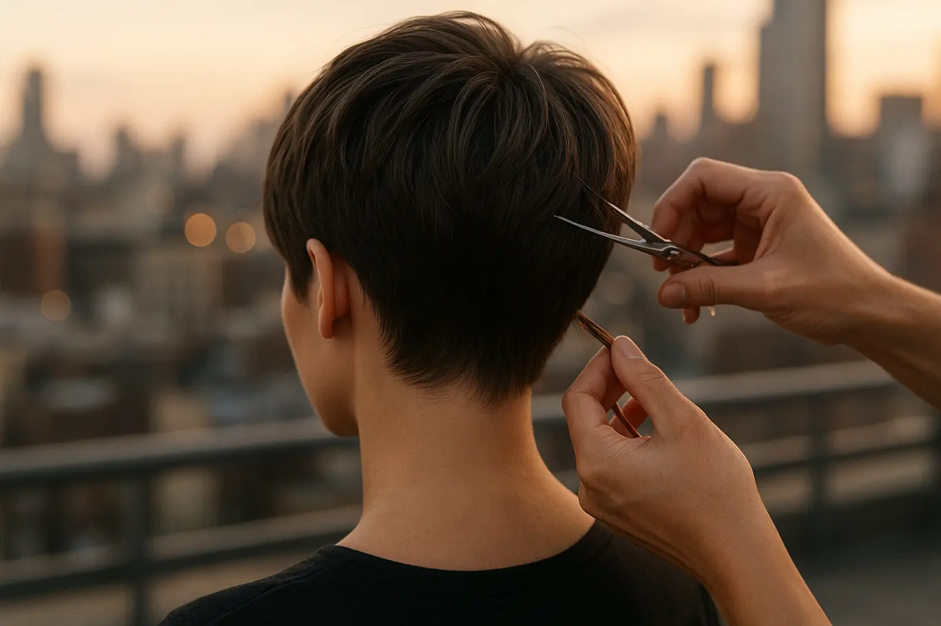Visão mais ampla do corte pixie, nuca aparente e mãos do cabeleireiro ajustando mecha