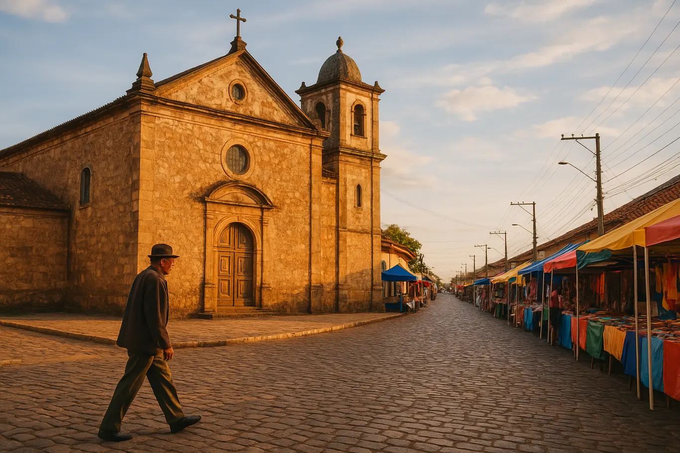 Fachada histórica de igreja em Planaltina DF com morador em perfil na rua de paralelepípedos