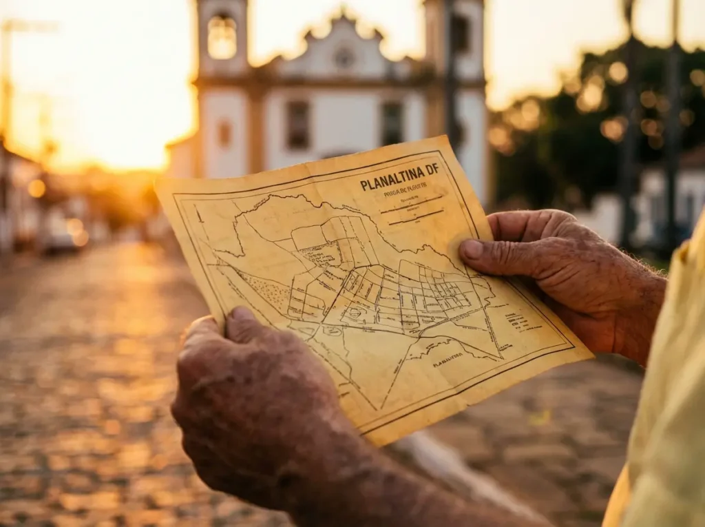Mãos de artesão segurando mapa de Planaltina DF com igreja desfocada ao fundo