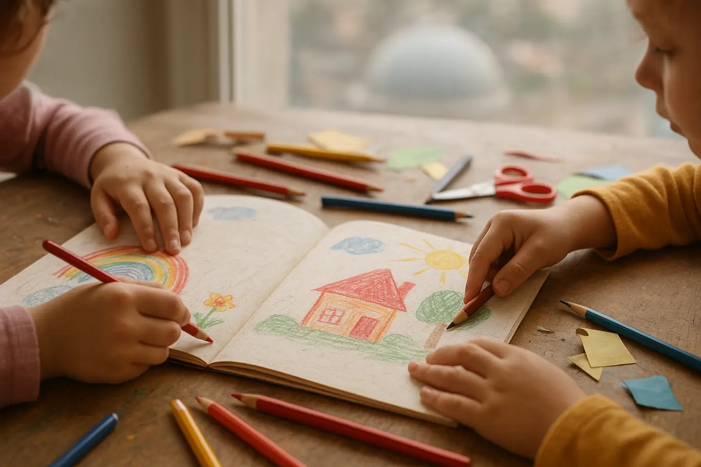 Close nas mãos de crianças folheando livro com desenhos coloridos e materiais de arte sobre a mesa