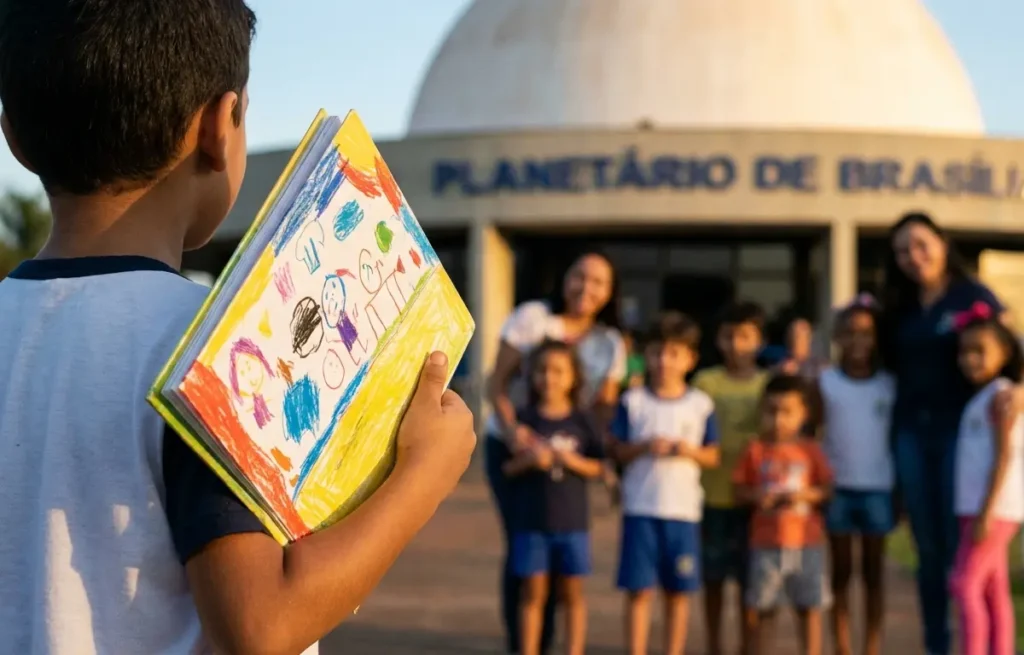 Criança de costas segurando livro colorido com ilustrações em frente ao Planetário de Brasília
