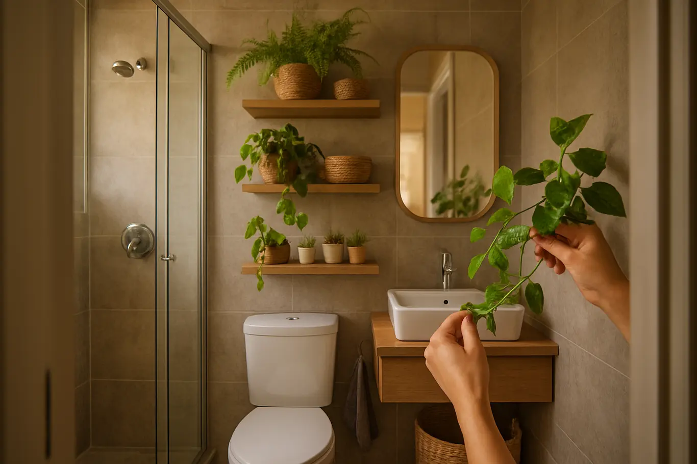 Visão ampla de banheiro compacto com prateleiras de plantas e mãos podando um pothos
