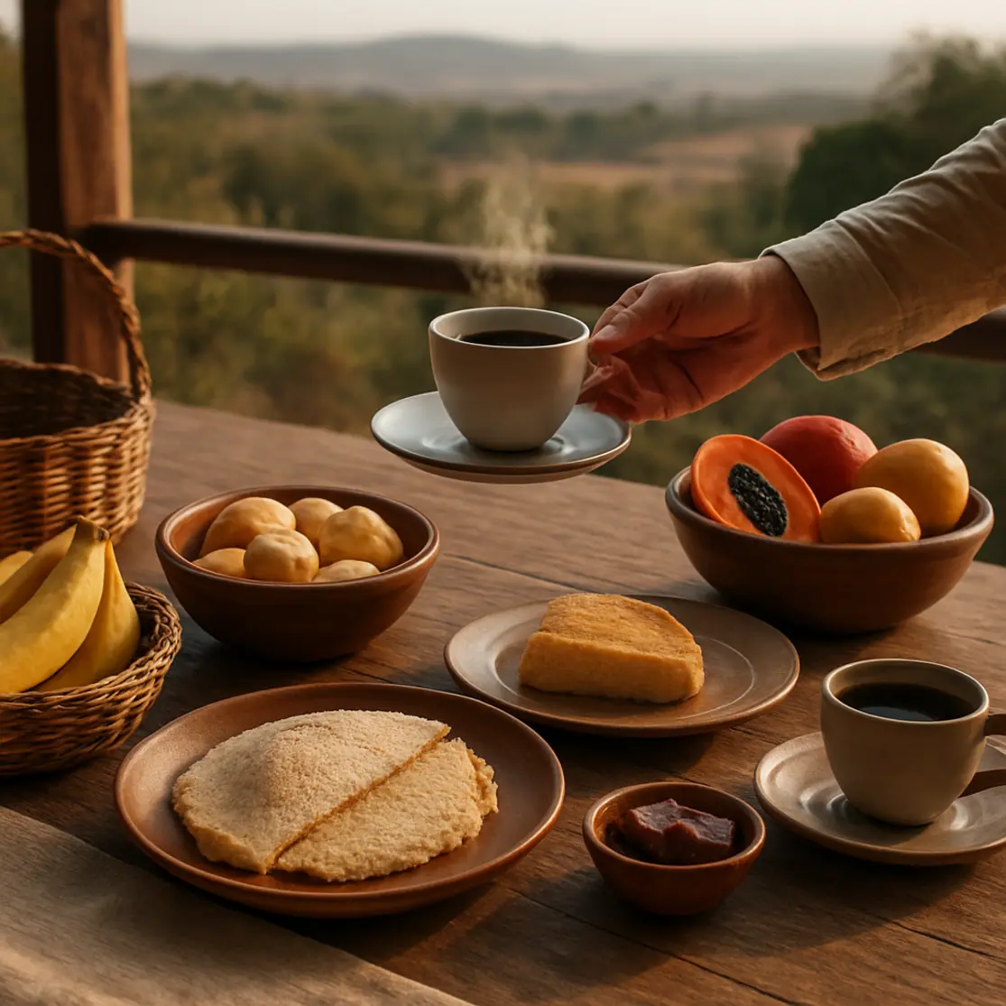 Mesa de café da manhã na varanda com pratos regionais e mãos servindo café