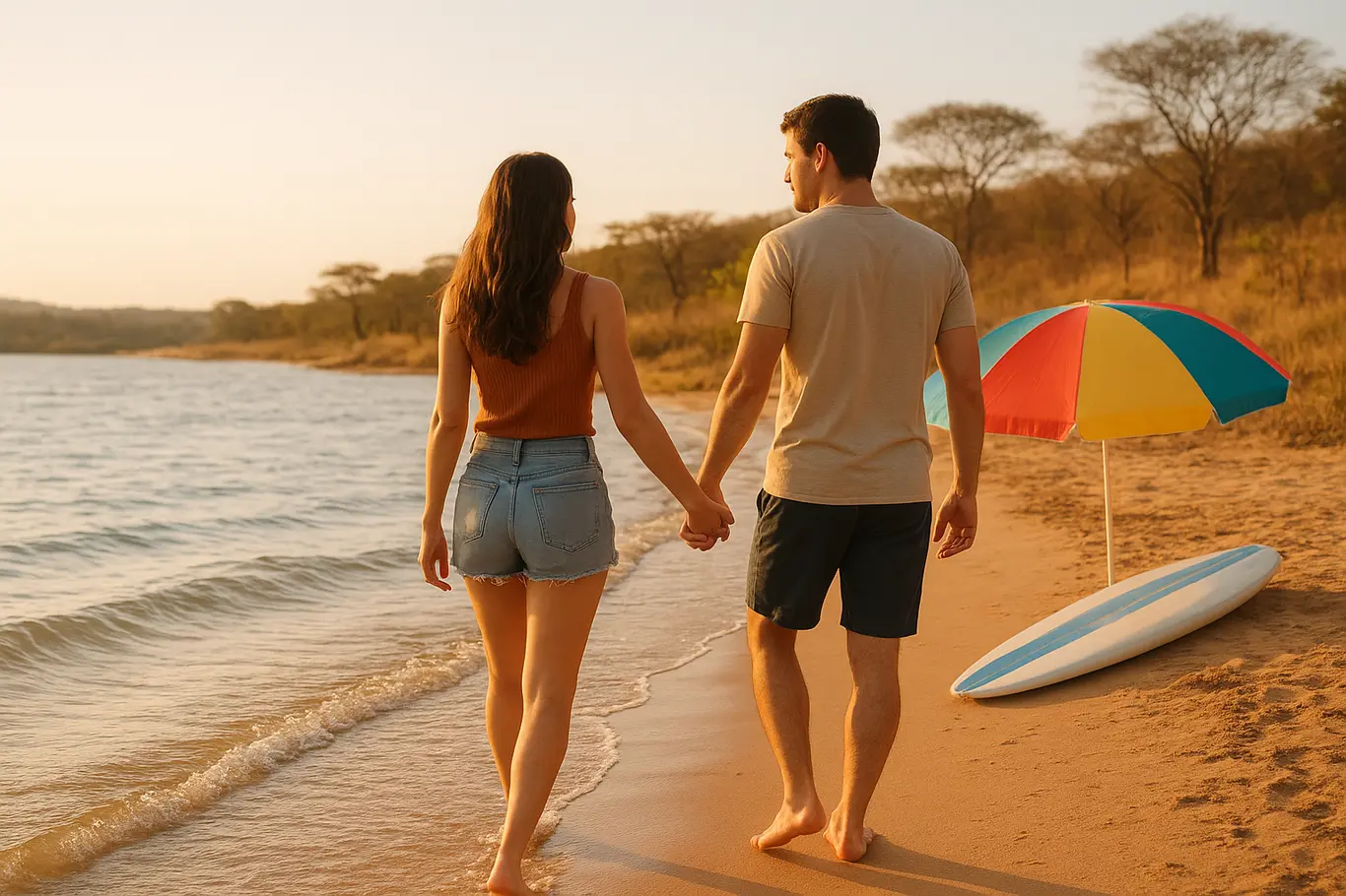 Casal caminhando na margem de praia fluvial com prancha e guarda-sol ao entardecer