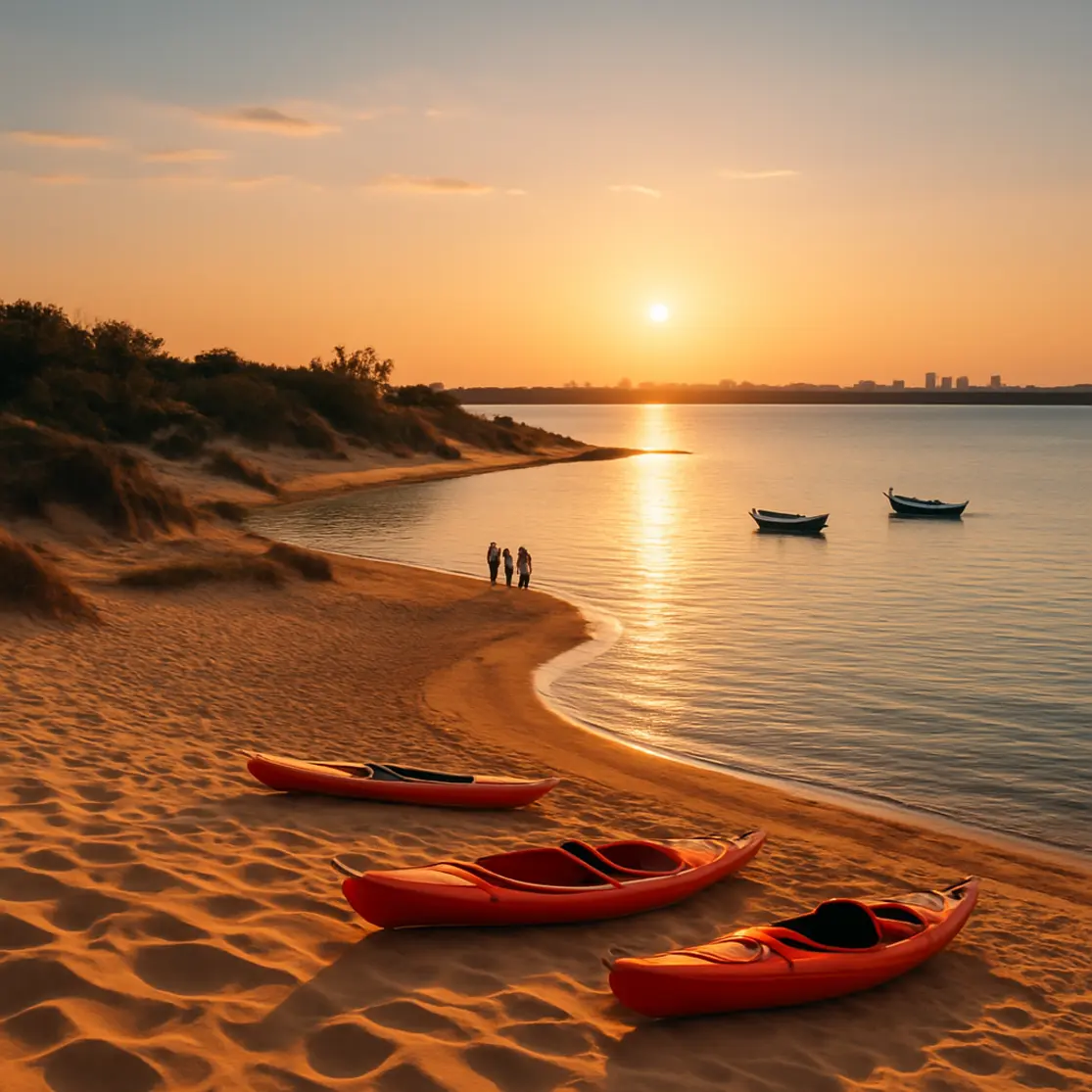 Enseada ampla com dunas, caiaques e pessoas ao longe no lago perto de Brasília ao pôr do sol