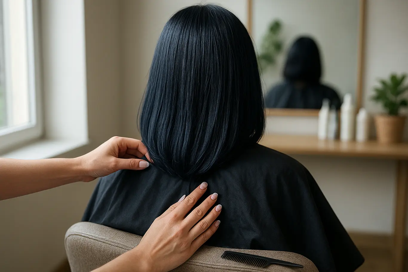 Cabelo preto azulado recém-pintado no salão com mãos do cabeleireiro