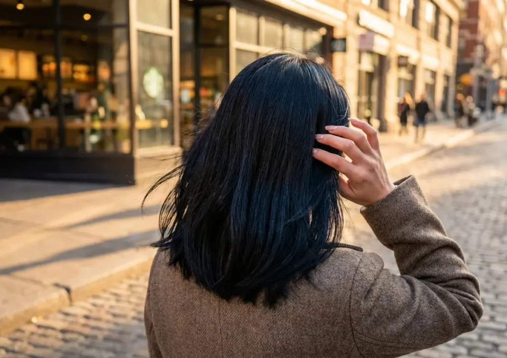 Pessoa de costas com cabelo preto azulado brilhante ao pôr do sol