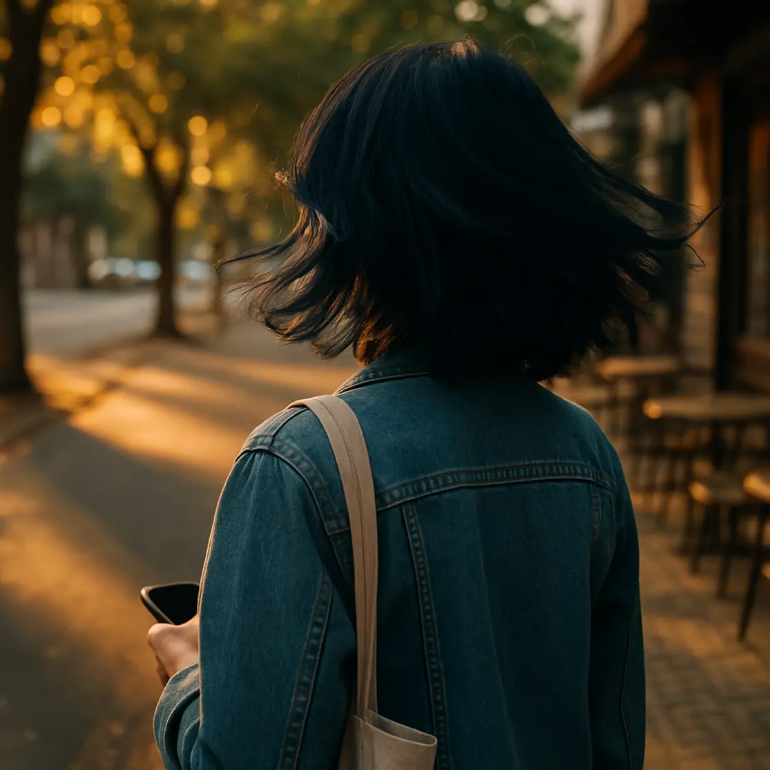 Pessoa caminhando na rua com cabelo preto azulado ao entardecer