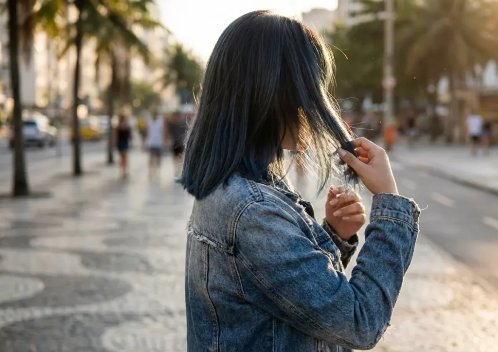 Pessoa de costas com cabelo preto azulado mostrando desbotamento nas pontas em avenida ao pôr do sol