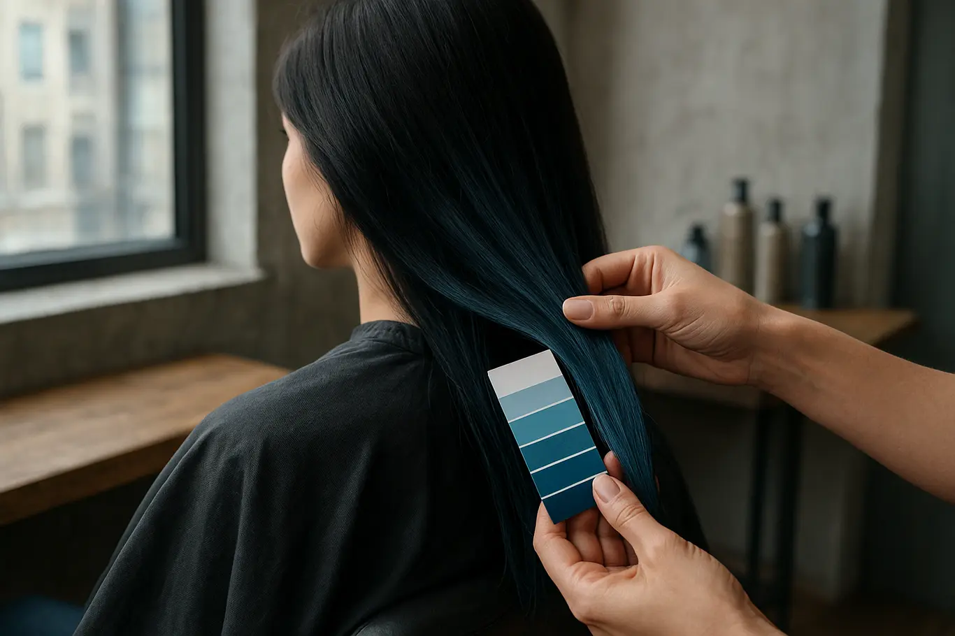 Mãos do cabeleireiro segurando mecha preto azulado e amostra de cor em salão com luz natural