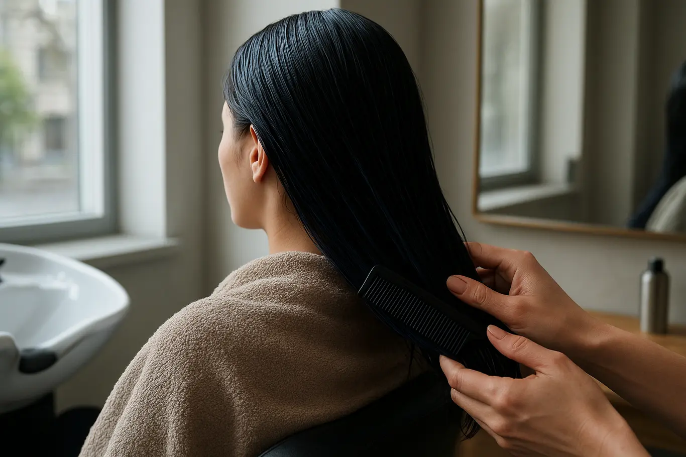 Mãos de cabeleireiro mostrando cabelo preto azulado em luz suave de janela