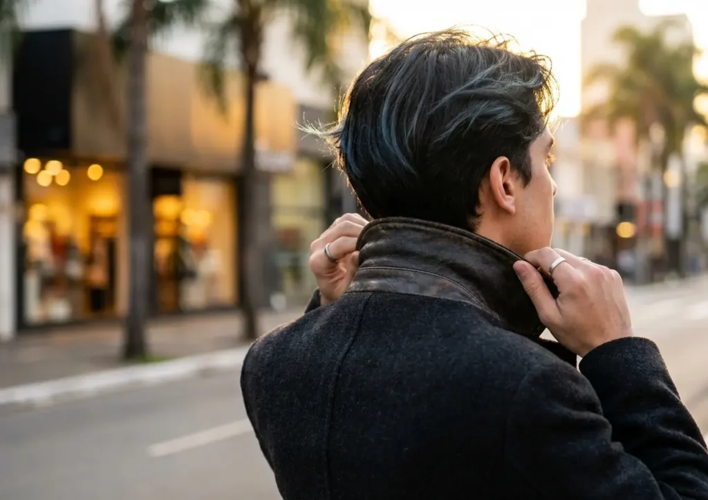 Pessoa de costas com cabelo preto azulado em rua urbana ao pôr do sol