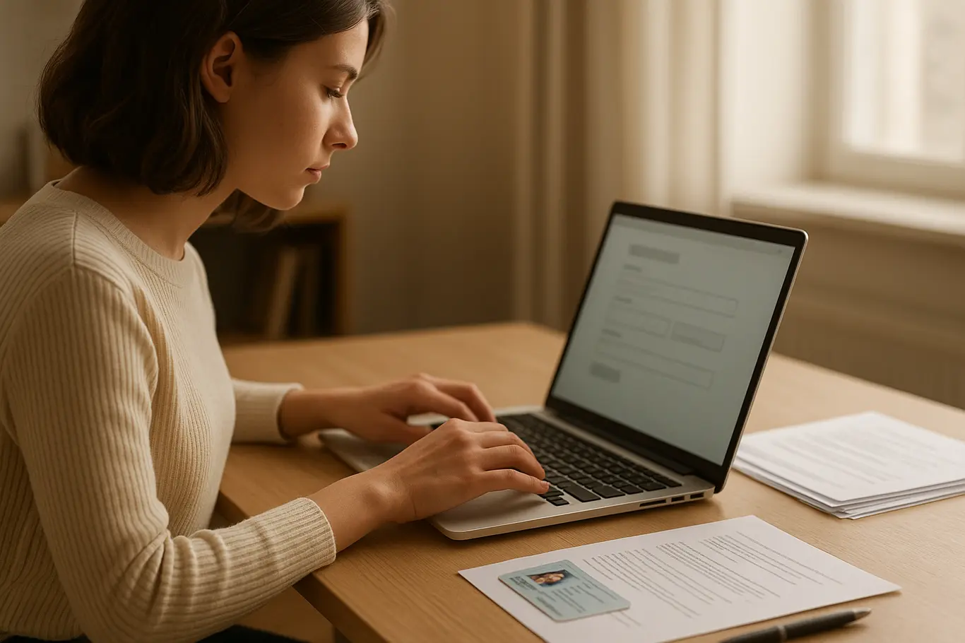 Plano médio de estudante de perfil digitando em notebook com documentos ao lado