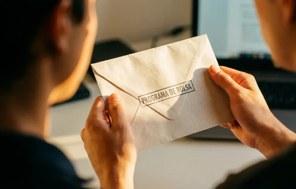 Close-up de estudante visto de três quartos de costas segurando um envelope de bolsa