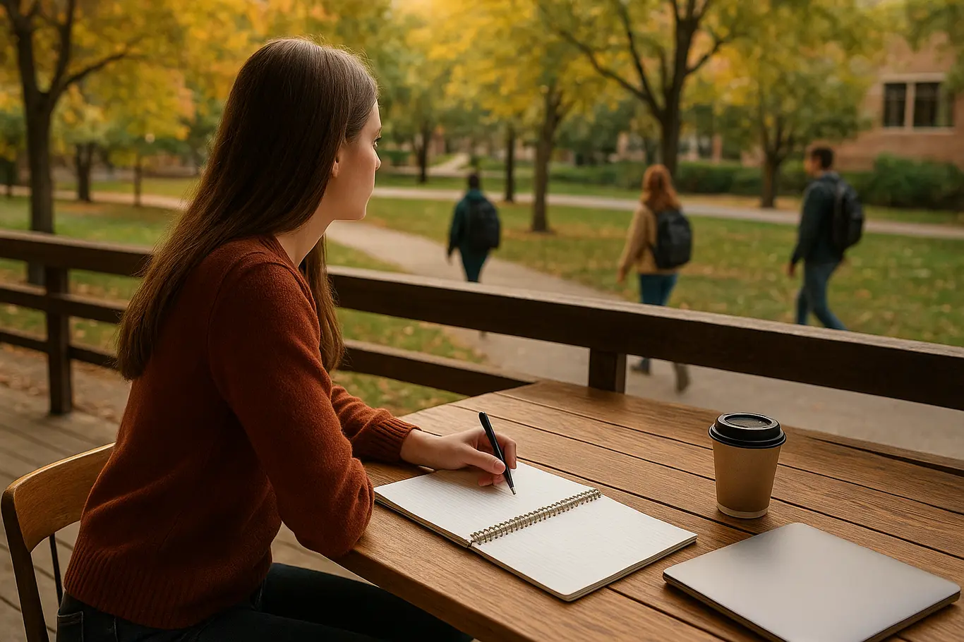 Estudante de costas estudando numa varanda do campus com cadernos e laptop
