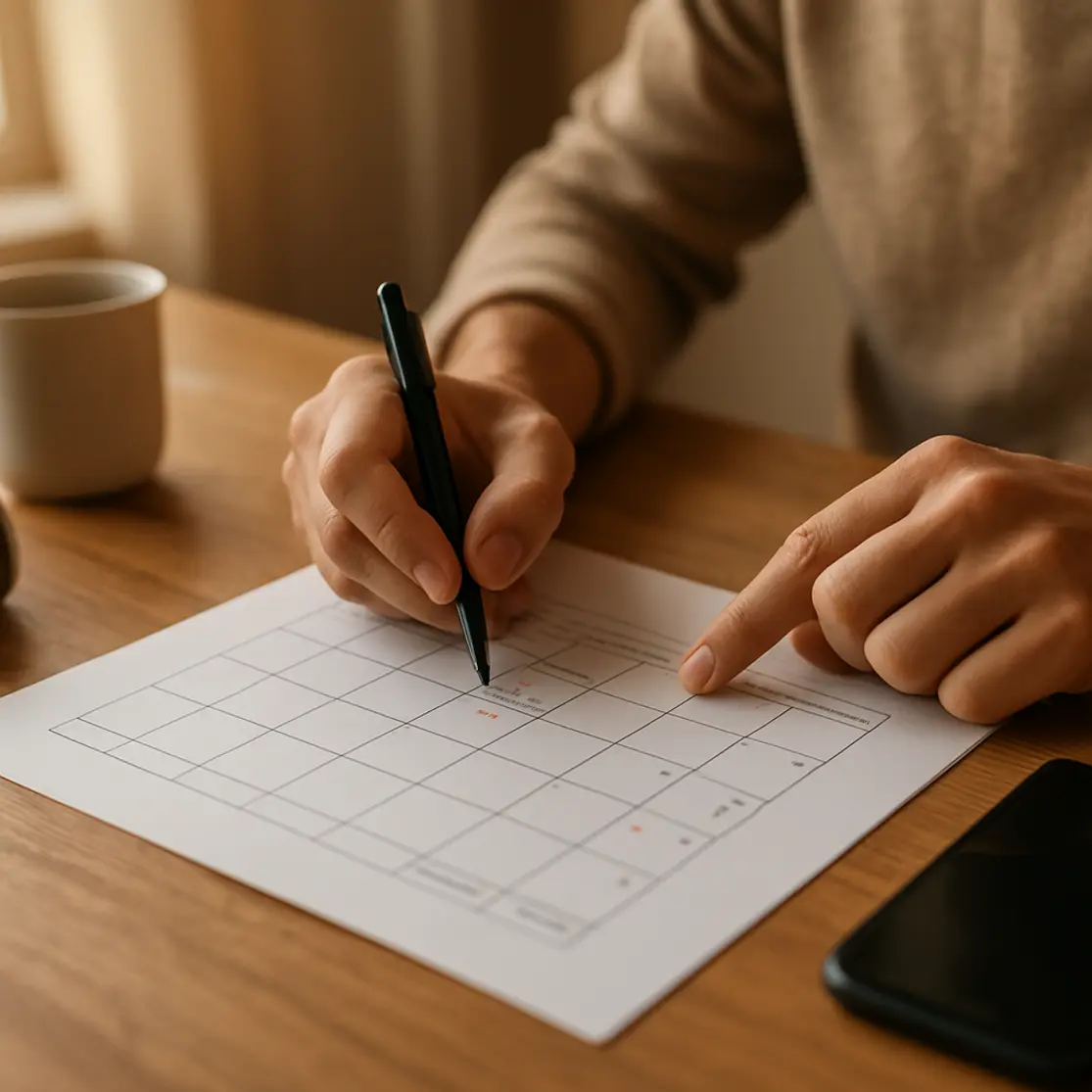 Mãos preenchendo documentos e apontando para calendário com datas marcadas
