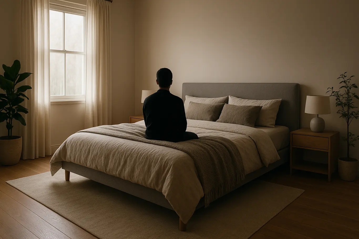 Visão ampla do quarto de casal moderno com circulação clara ao redor da cama