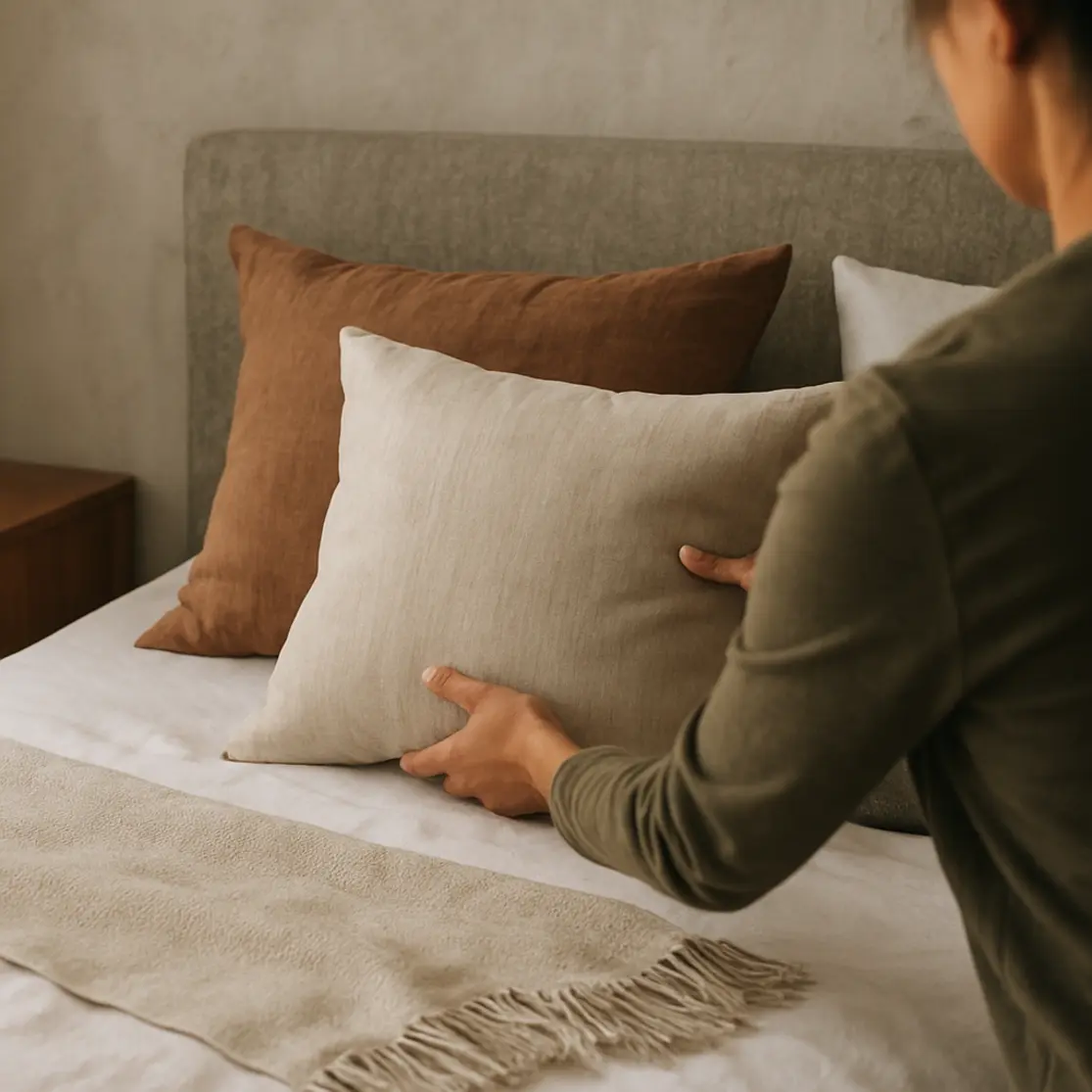 Mãos ajeitando almofadas na cama de casal moderno, com foco nos tecidos e espaço lateral