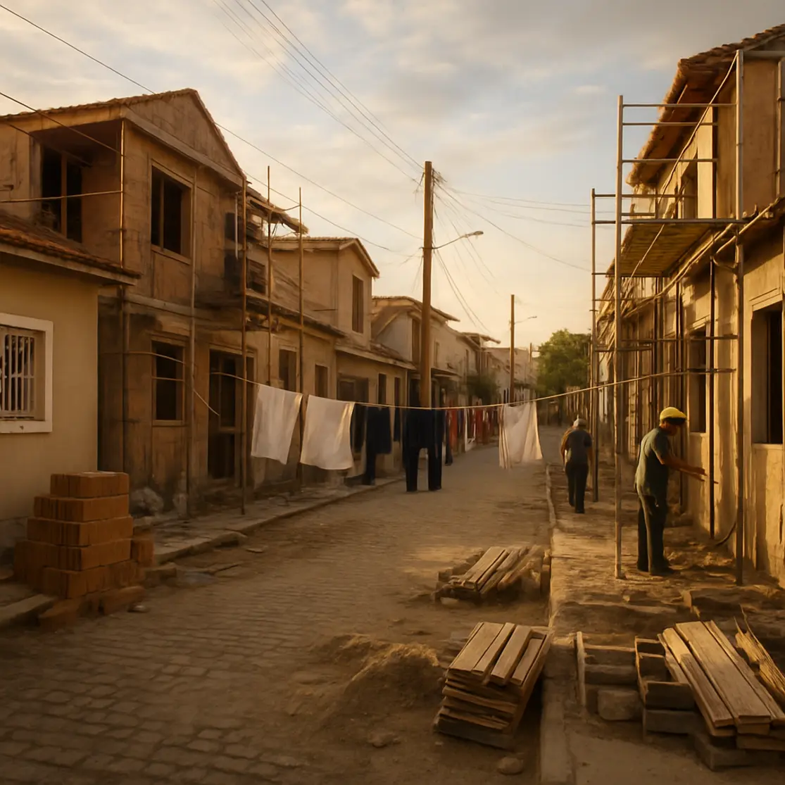 Rua residencial com várias casas em reforma e trabalhadores, mostrando contexto comunitário.