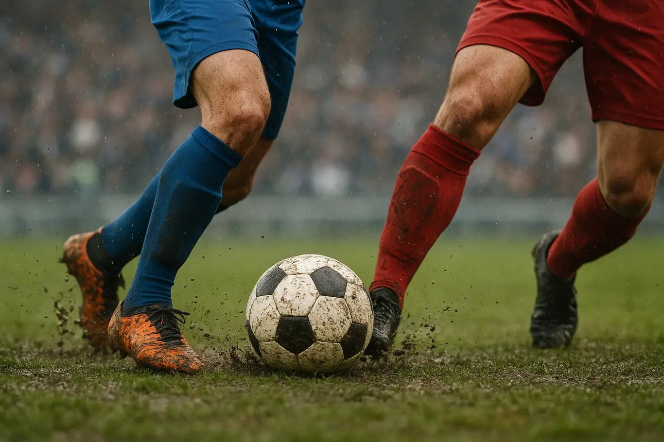 Close-up de botas e bola sobre gramado molhado, gotas de chuva e lama, rostos fora de quadro