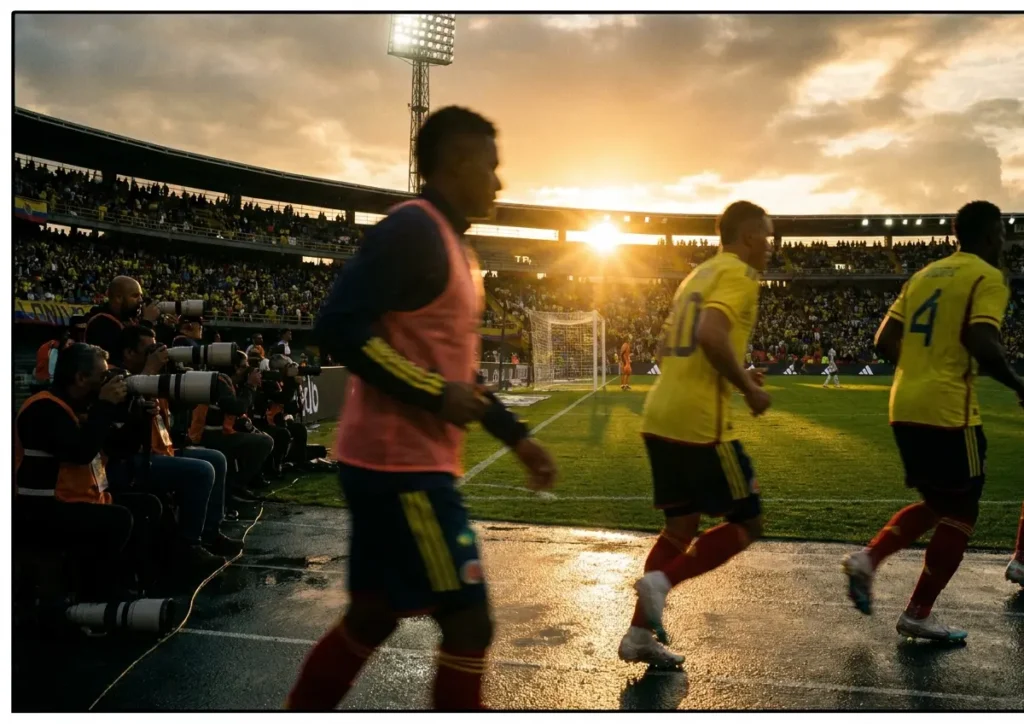 Jogadores disputam bola no estádio colombiano ao entardecer, vista panorâmica sem rostos identificáveis