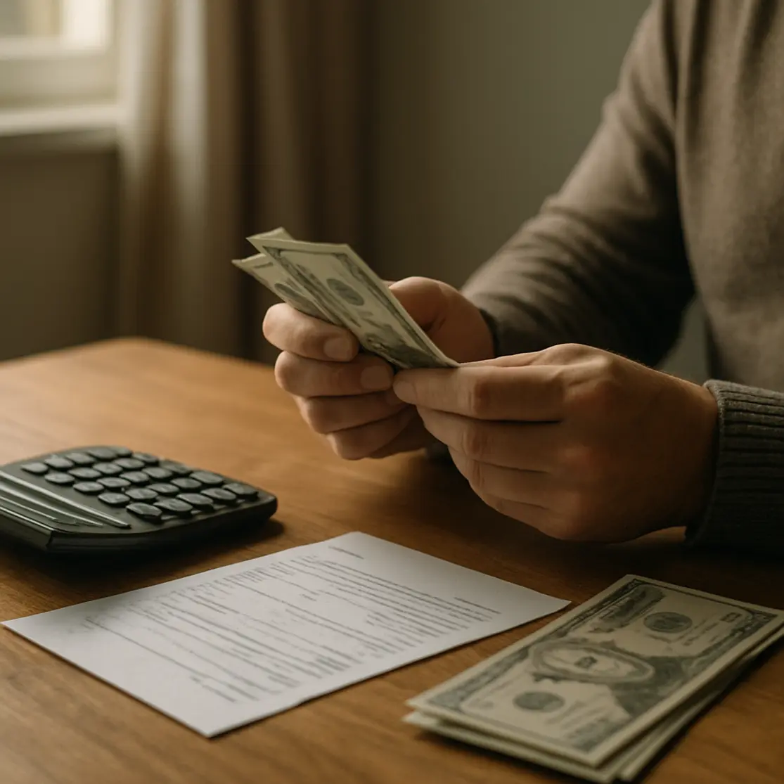 Mãos contando cédulas sobre mesa com calculadora e extratos