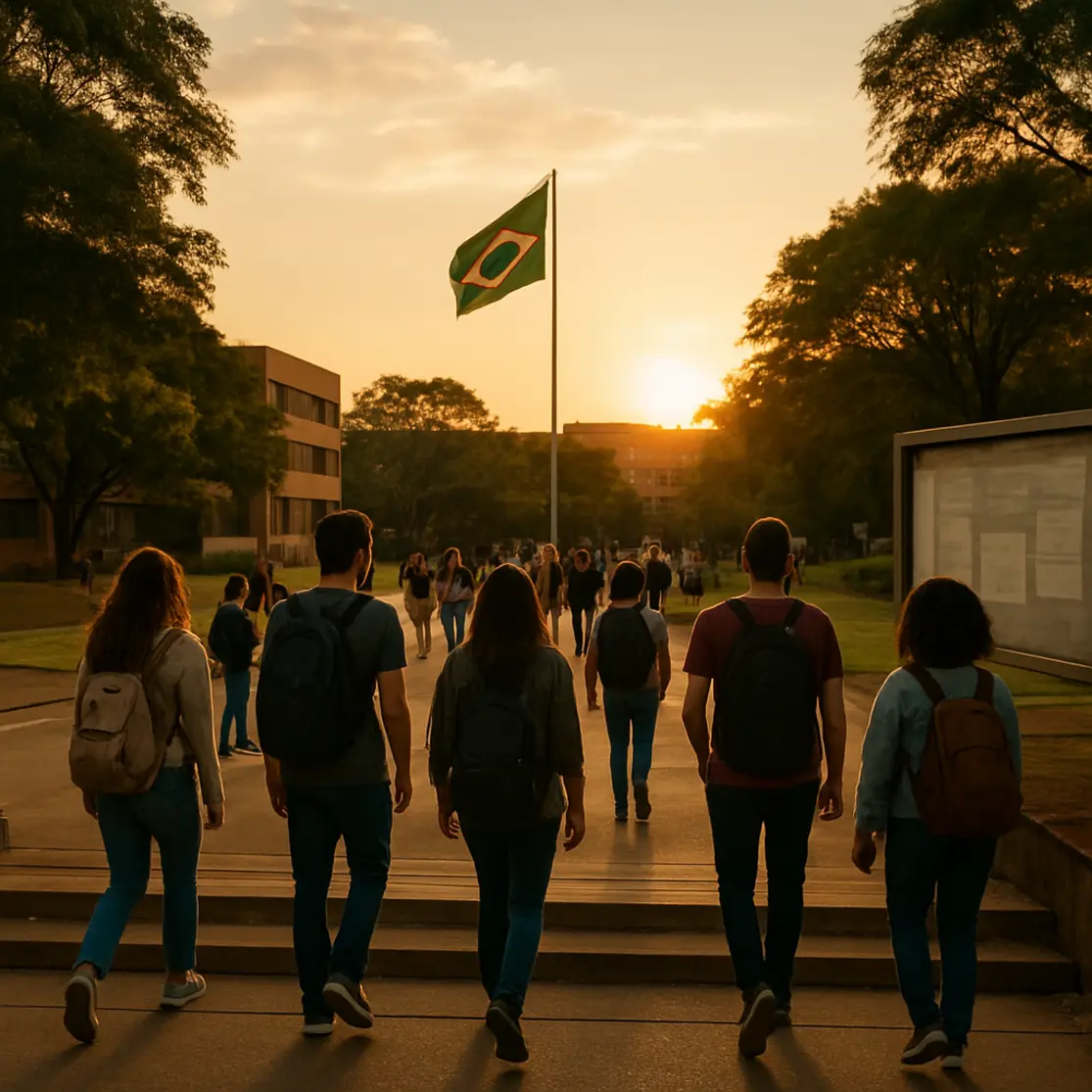 Campus universitário ao entardecer com alunos caminhando e placa de avisos borrada.