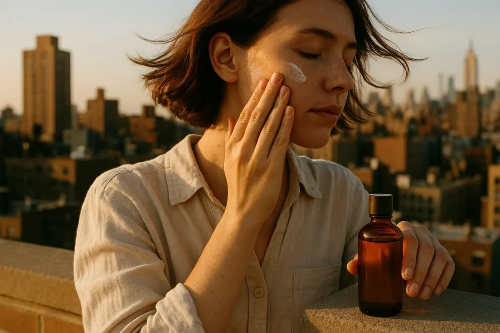 Pessoa aplicando hidratante leve em pele mista em rooftop ao pôr do sol, sem mostrar rosto
