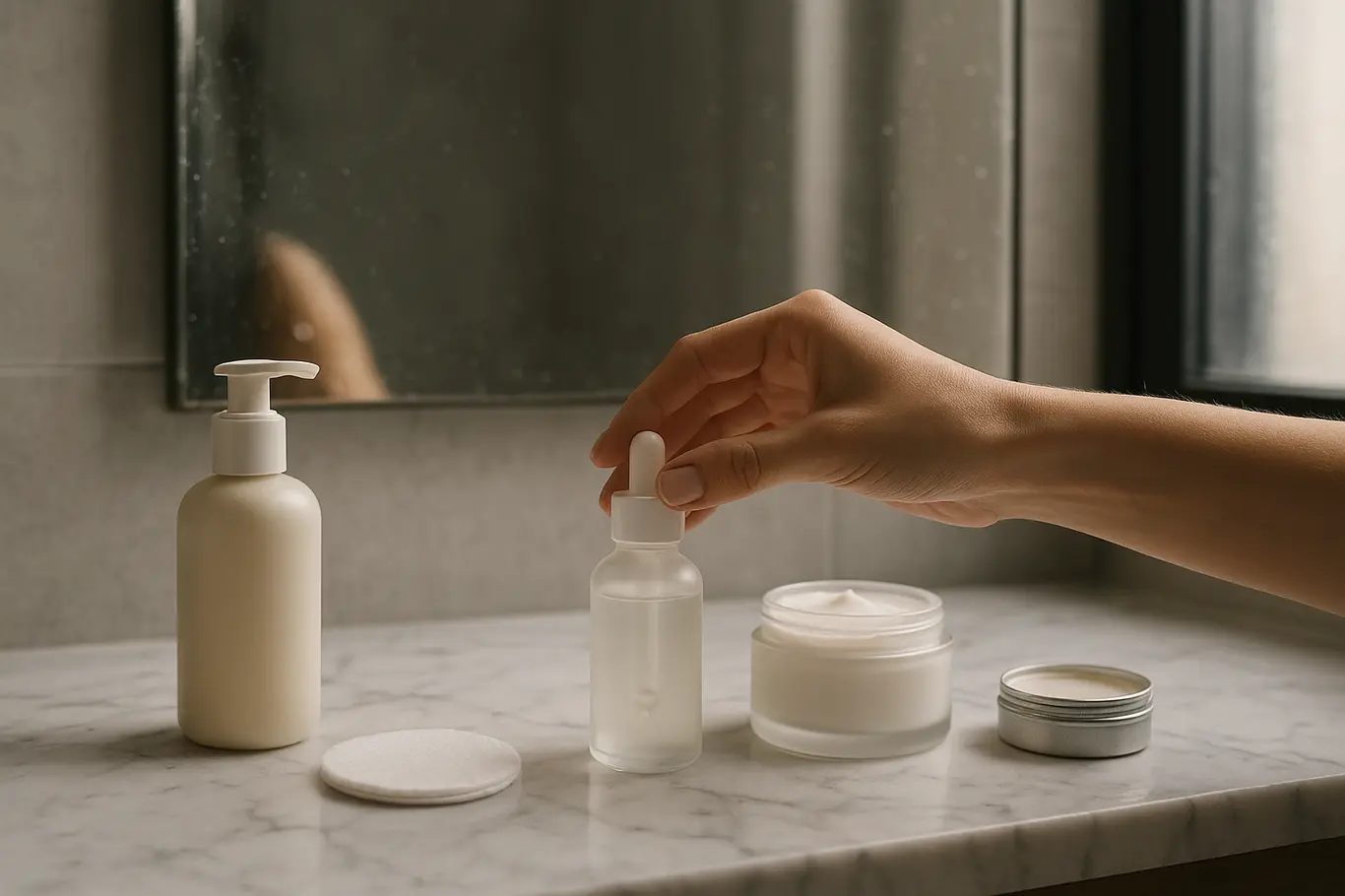 Bancada de banheiro com produtos noturnos alinhados e mãos alcançando um sérum, reflexo sem rosto no espelho