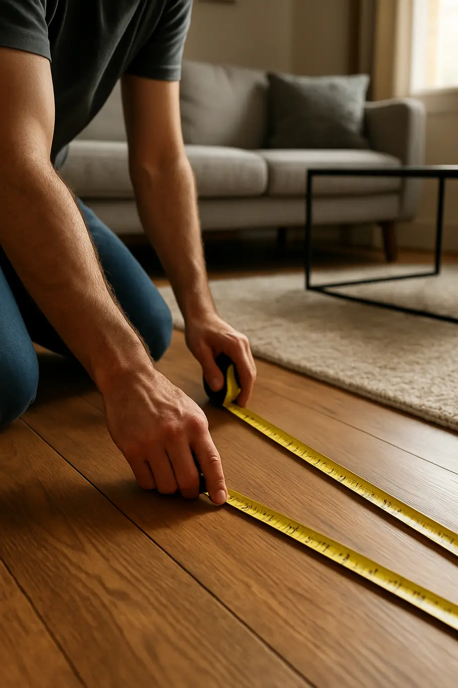 Pessoa medindo espaço para tapete com fita métrica na sala de estar, foco nas mãos e piso
