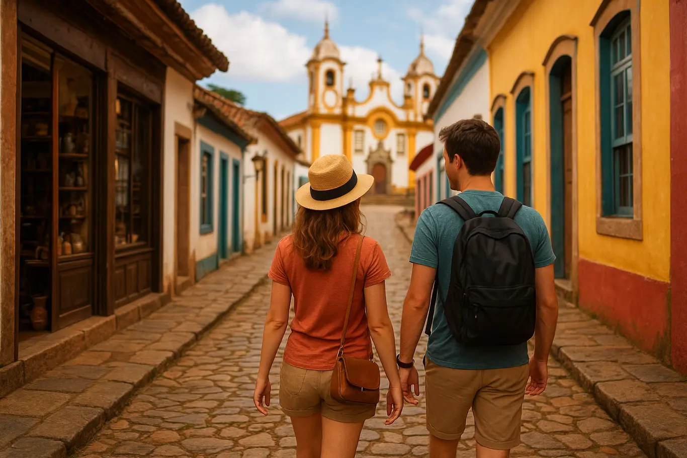 Casal caminhando pela Rua Direita de Tiradentes com fachadas coloniais e calçamento de pedras