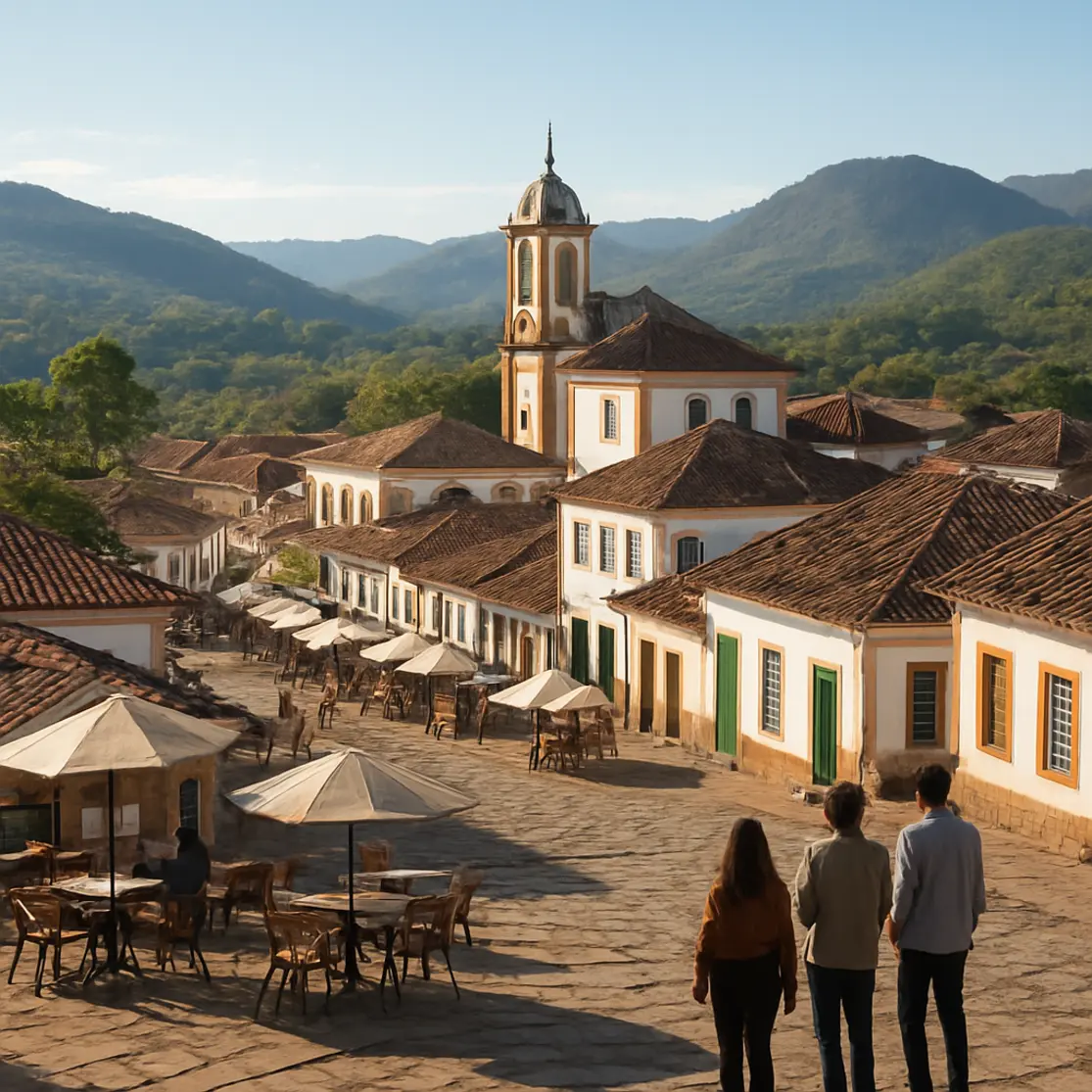 Panorama da cidade histórica de Tiradentes com telhados, torre da igreja e colinas ao fundo visto de mirante
