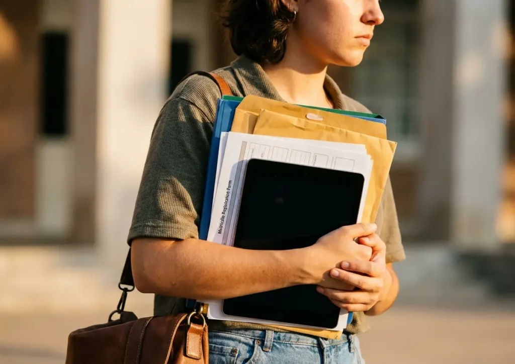 Estudante em 3/4 segurando pastas e documentos acadêmicos, fundo desfocado do campus, luz dourada