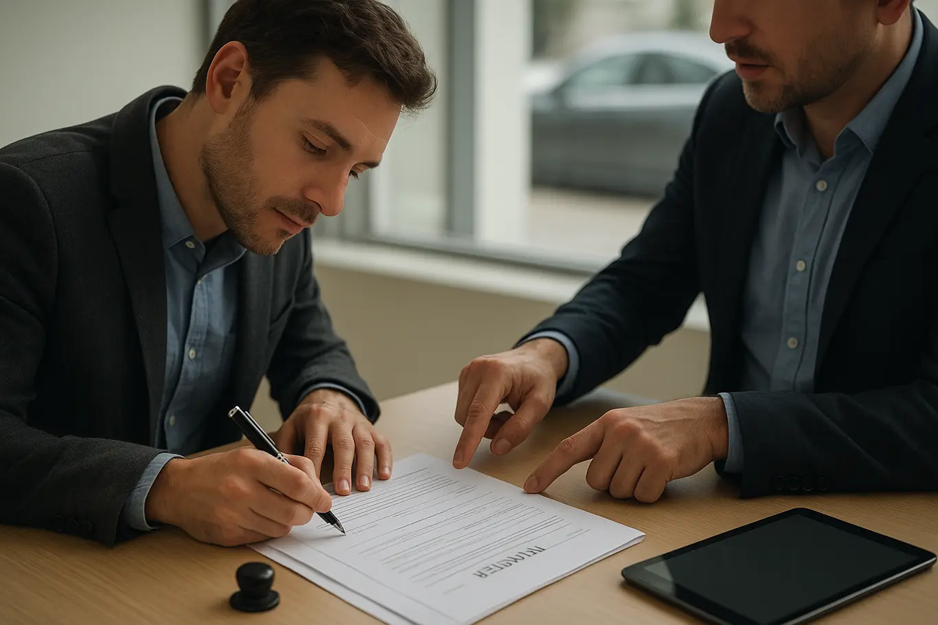 Pessoa em perfil assinando formulário de transferência no balcão
